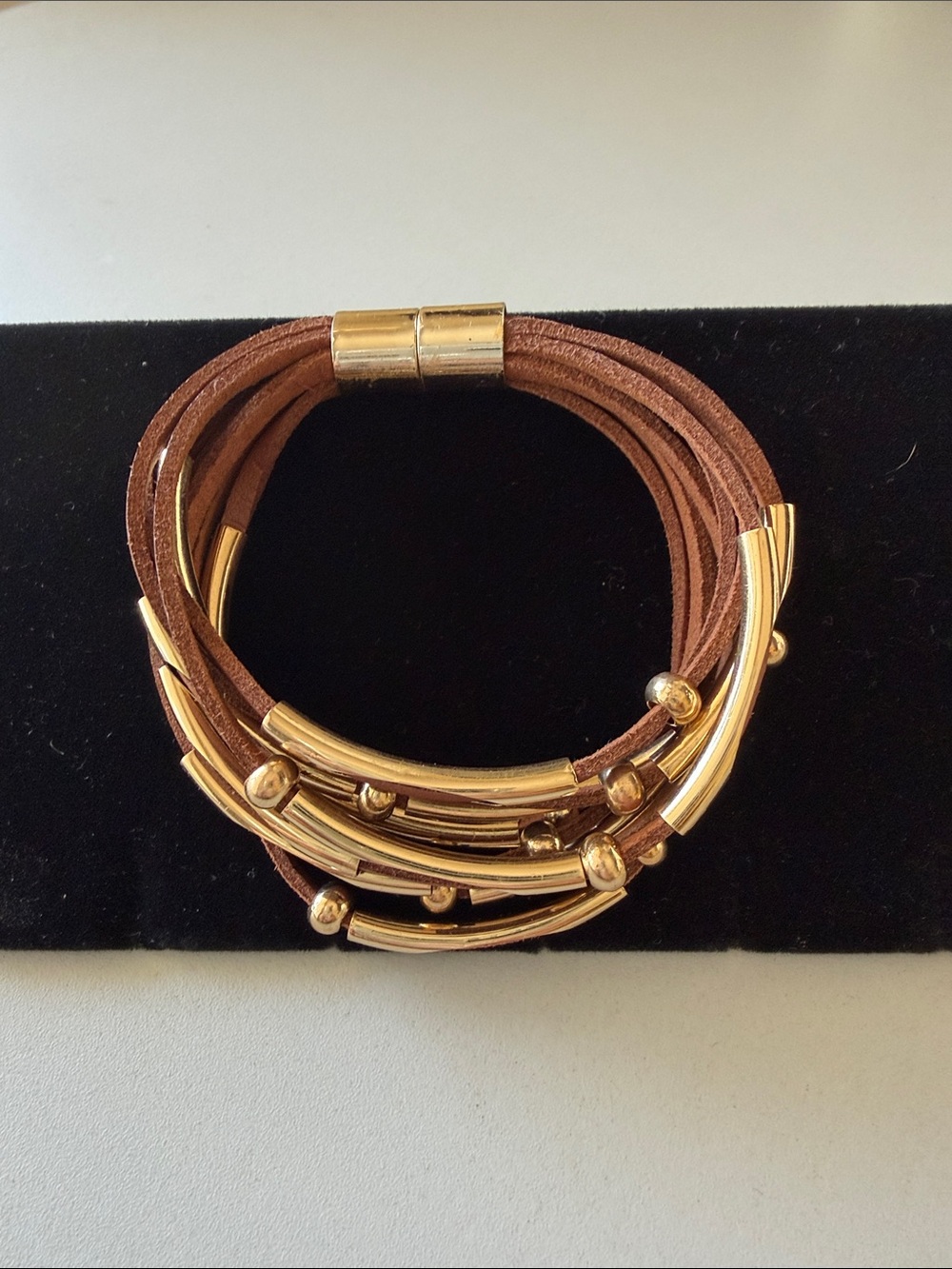 Multi-Strand Brown Leather and Gold-Tone Beaded Bracelet